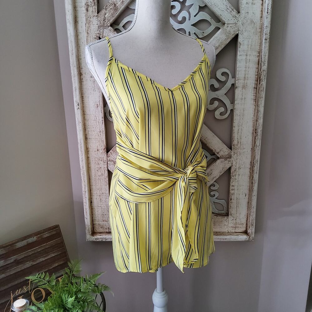 Cherish Women's Tie Waist Wrap Sash Tank Top Feminine Yellow Blue Stripes